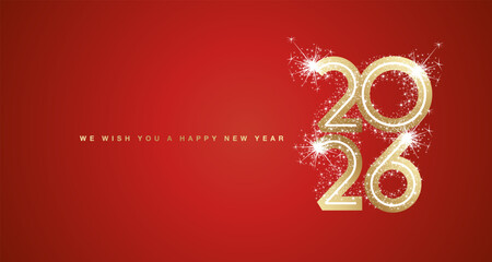 We wish You Happy New Year 2026 event golden plate modern design numbers with sparkler firework on red color background. New Year 2026 greeting card