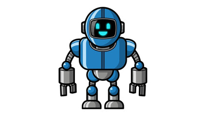 Friendly blue robot character with a smiling face, standing upright in a simple background