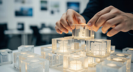 Innovation architecture cubes arranged manually using crisp focus and subtly faded background
