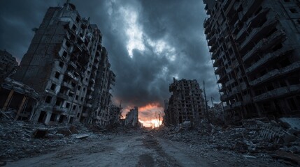 A High Resolution image of post apocalypse after war or earthquake, apocalyptic destroyed city.