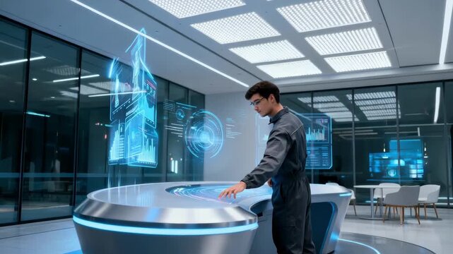 Medium shot of a technician monitoring AI software adjusting energy consumption in a smart commercial building for optimized efficiency.