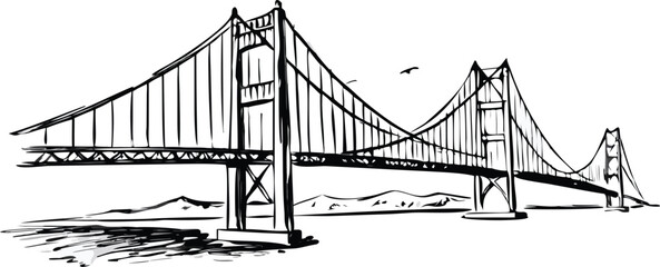 This vector illustration of the famous Golden Gate Bridge suspension architecture captures the iconic California landmark over the San Francisco Bay water against a clear city sky in the USA