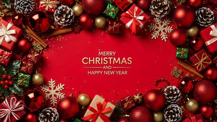 Festive Red Christmas Decorations Background with Gifts, Ornaments & Pinecones for Holiday Cheer