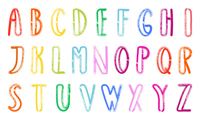 Hand drawn marker textured font with expressive strokes and handcrafted look. Grunge colorful English alphabet featuring capital uppercase letters in playful childlike marker and chalk texture