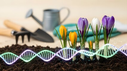 Bioluminescent DNA Crocuses Emerging in Spring Soil