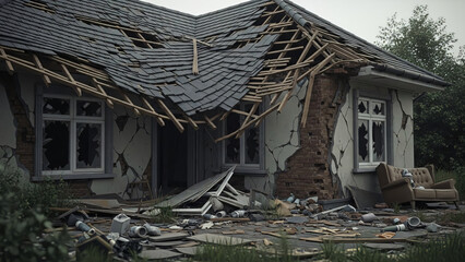 Abandoned house close-up: caved roof, rubble, devastation