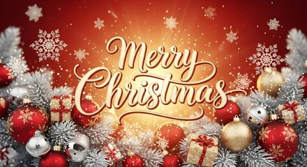 Elegant "Merry Christmas" text surrounded by snowy fir branches, glittering ornaments, and falling snowflakes on a vibrant red background.