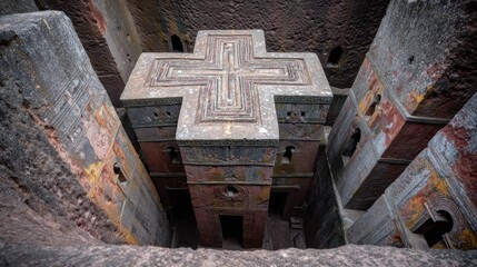 Architectural Marvel of Lalibela: A striking low-angle view showcases the intricate details of a rock-hewn cross, a testament to ancient craftsmanship, found in the sacred grounds of Lalibela.