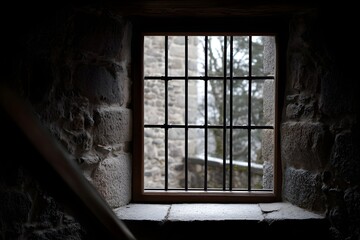 Fototapeta premium Medieval castle window with iron bars and stone frame, a glimpse into historical architecture and mystery