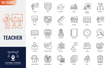 Teacher icon set. Containing lesson, class, school, teaching, mentor, professor, education, books, instruct, knowledge and pedagogy. Vector illustration