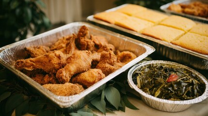A catering spread featuring crispy fried chicken in a foil tray, a pan of cornbread squares, and a side of collard greens, ready for a meal.