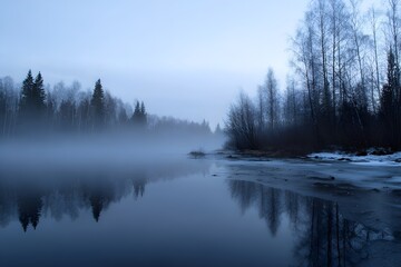 Evening Winter Fog Rolling Over Quiet Lake, Mystical Landscape for Calm Reflection and Art Lovers