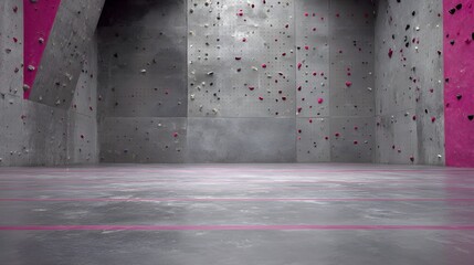 Empty concrete climbing gym wall with neon pink accents, minimalist space for bouldering inspiration seekers