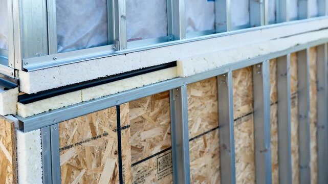 Medium shot of advanced wall framing techniques using SIPs emphasizing airtight seals and continuous insulation layers for improved energy performance.