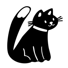 Black cat with raised tail doodle. Hand drawn vector isolated illustration.