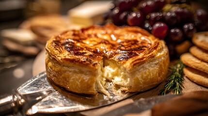 Brie en croute on silver cake server, elegant gourmet presentation for refined cheese lovers&rsquo; delight.