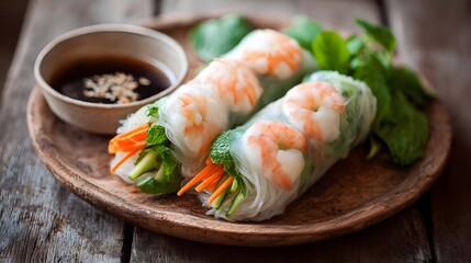 Spring roll with halal prawns and glass noodles wrapped inside, fresh Asian appetizer with vibrant ingredients.