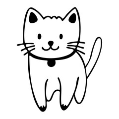 Cute doodle-style white cat standing with a small collar and friendly face. Hand drawn vector isolated illustration.