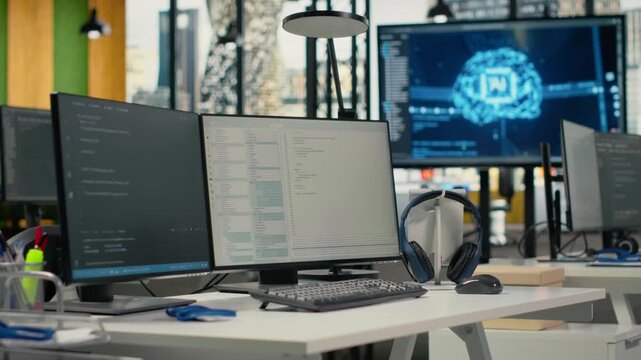 Computer monitors in empty startup workspace with cloud computing AI resources. PC screens in modern office constructing neural network algorithms using programming languages