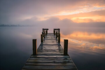 Obraz premium Wooden dock extending into misty water at sunrise, picturesque landscape capturing soft light on calm water.