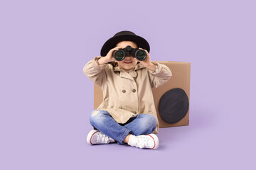 Fototapeta premium Cute little detective with cardboard car looking through binoculars on lilac background