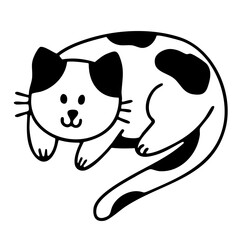 Adorable doodle calico cat lying curled up with a sweet expression. Hand drawn vector isolated illustration. 