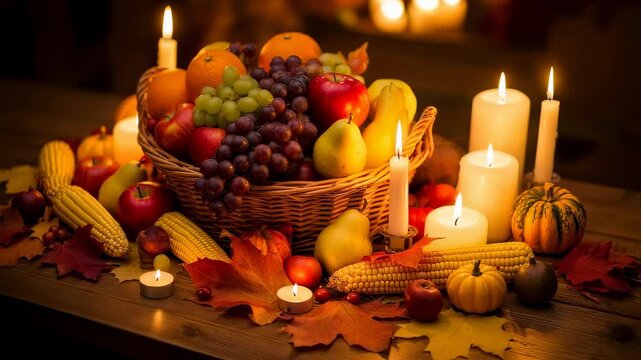 Basket of colorful fruit, corn, and autumn leaves with candles. Celebration of Kwanzaa, harvest holiday.
