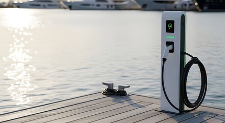 Modern electric boat charging station on a marina dock for sustainable marine ecology concept and green transportation future