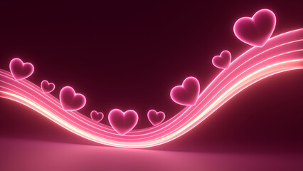 光るピンクの波線の上を流れるハートのネオンアート