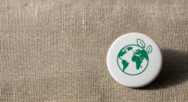 Eco-friendly Earth globe badge with green leaves on a natural textured background for global ecology concept and environmental protection awareness