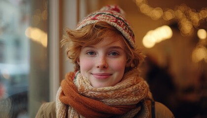 Young woman wearing warm winter attire smiles gently indoors near a window with soft background lights