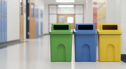 Clean school hallway with colorful recycling bins for an environmental sustainability concept and youth education on waste sorting