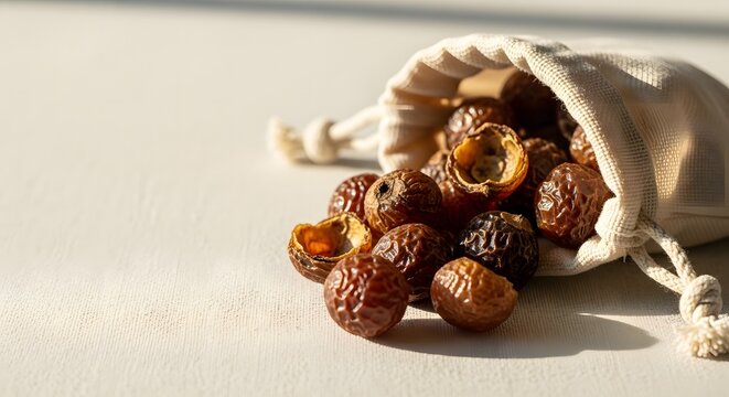 Soapnuts spilling from a reusable cotton bag on a white surface in warm light for sustainable living concept and natural cleaning solutions