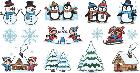A cute cartoon Christmas set vector illustration with Santa Claus, a snowman, tree, and holiday gift icons