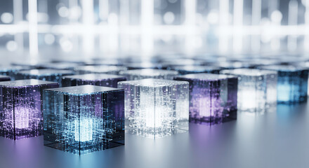 Innovation mapping cubes arranged precisely with macro foreground detail and bright softly blurred background