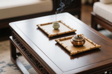 Wooden coffee table with incense burner and smoking stick on bamboo trays in a traditional living room setting