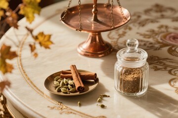 Spices including cinnamon sticks and cardamom pods arranged on a decorative table with a copper scale and glass jar