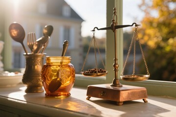Antique brass scale and kitchen utensils on a windowsill with sunlight and autumn foliage in the background