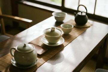Traditional tea set arranged on a wooden table with natural light from a window