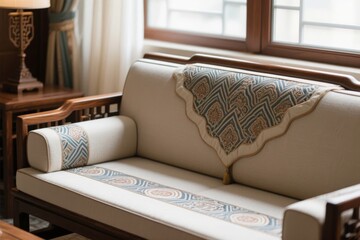 Beige upholstered sofa with patterned throw and cushion in a well-lit living room