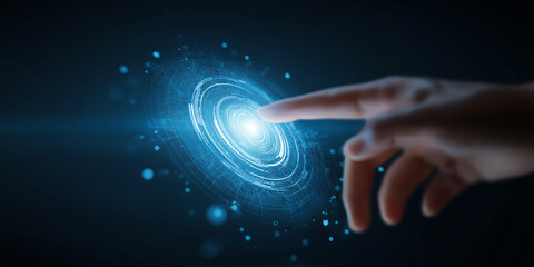 Exploring the cosmos hand reaching for a digital galaxy abstract art dark background futuristic concept