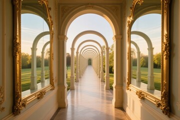 Elegant arched corridor with golden-framed mirrors reflecting a symmetrical garden pathway