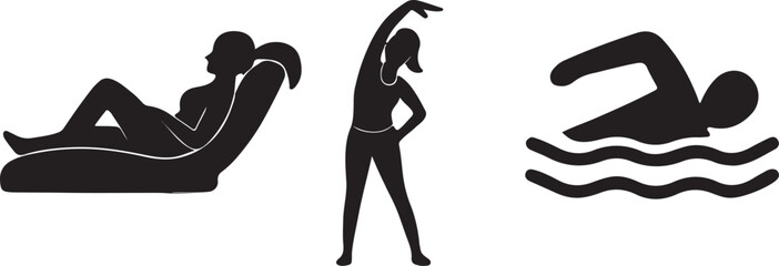 Woman relaxing, stretching, and swimming icons.