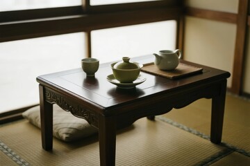 Traditional Japanese tea set arranged on a low wooden table in a tatami room with natural light.