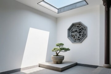 Minimalist indoor courtyard with bonsai tree, skylight, and decorative wall panel