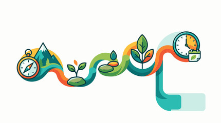 Vector illustration depicting the sustainable journey of environmental growth, direction, and time management.