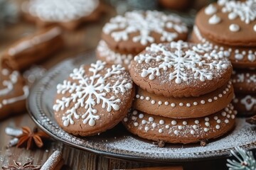Festive christmas flat lay  gingerbread cookies, spices, and holiday decorations on black background
