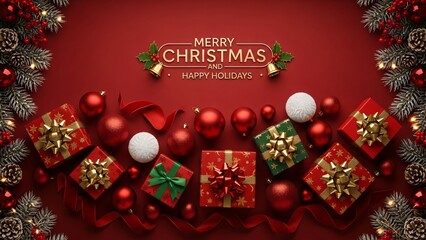 Festive Christmas Gifts & Decorations Background – Red Ornaments, Pinecones, Holiday Cheer