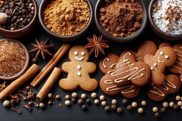 Festive christmas food flat lay featuring gingerbread cookies, spices, and holiday decorations