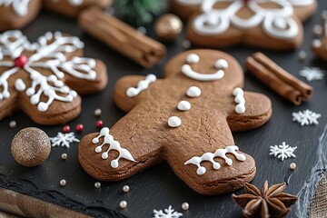 Festive christmas food flat lay with gingerbread cookies, spices, and holiday decorations on black